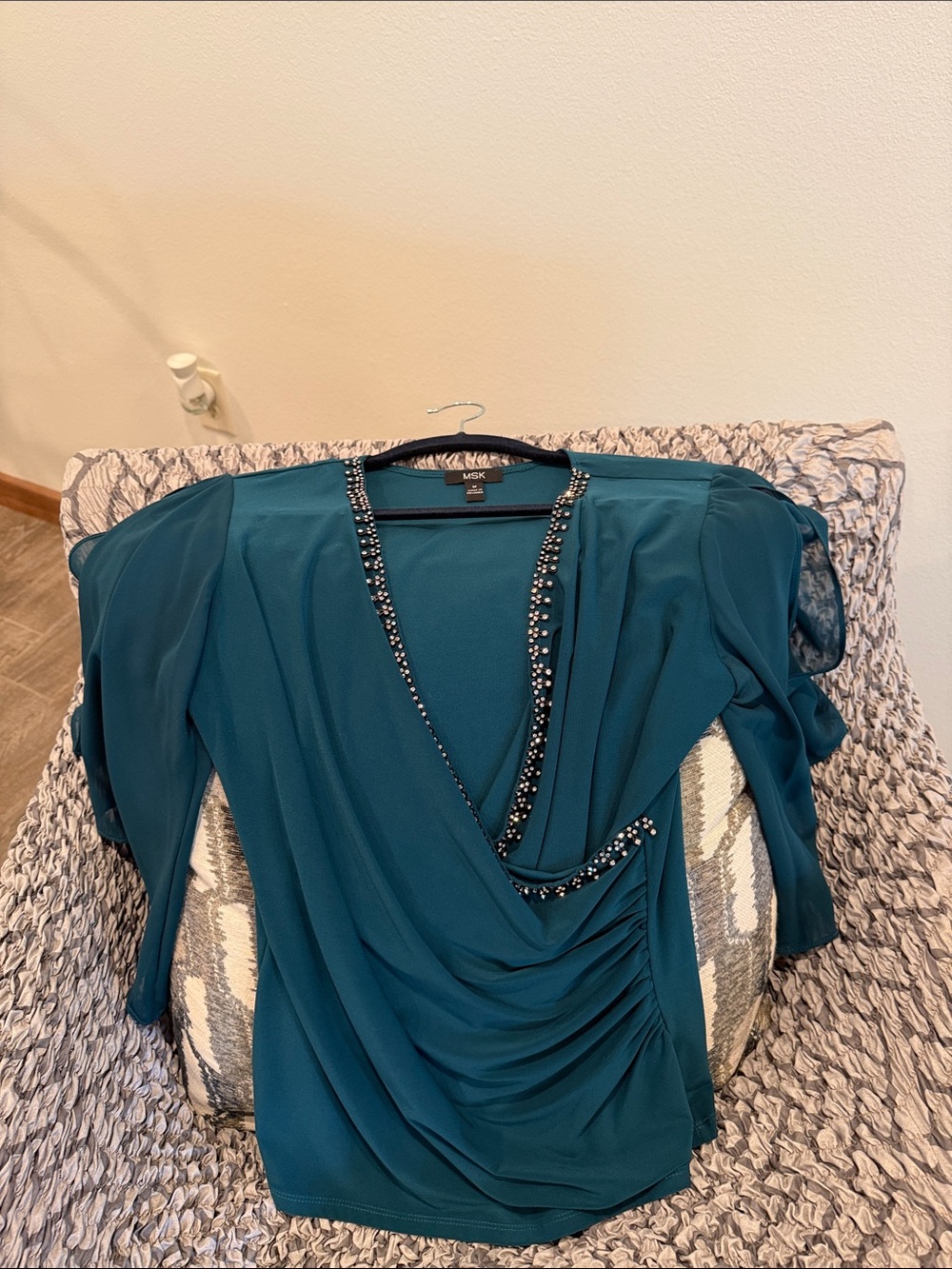 MSK Teal Beaded V-Neck Draped Blouse
